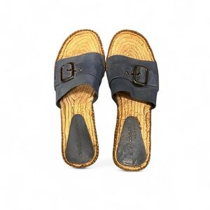 André Assous Blue Gray Leather Jute Slide with Silver Hardware
